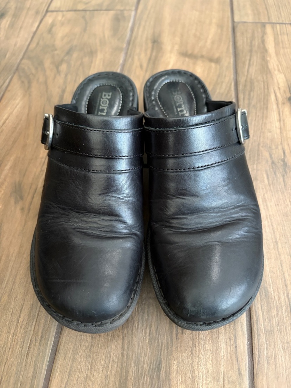 Born Black Leather Buckle Clogs
